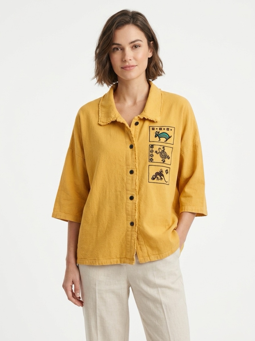 Cactus Creations Vintage Cotton Button-Up Shirt Southwest Graphic Yellow L